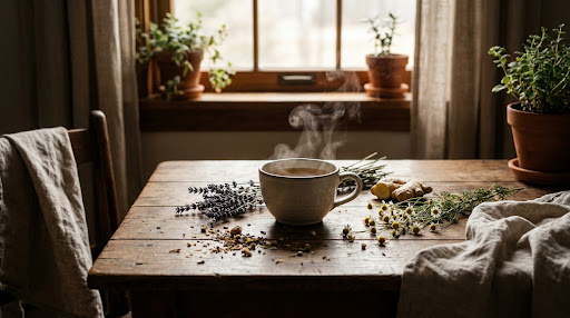 Hero background showing a steaming cup of herbal tea on a rustic wooden table with fresh herbs.